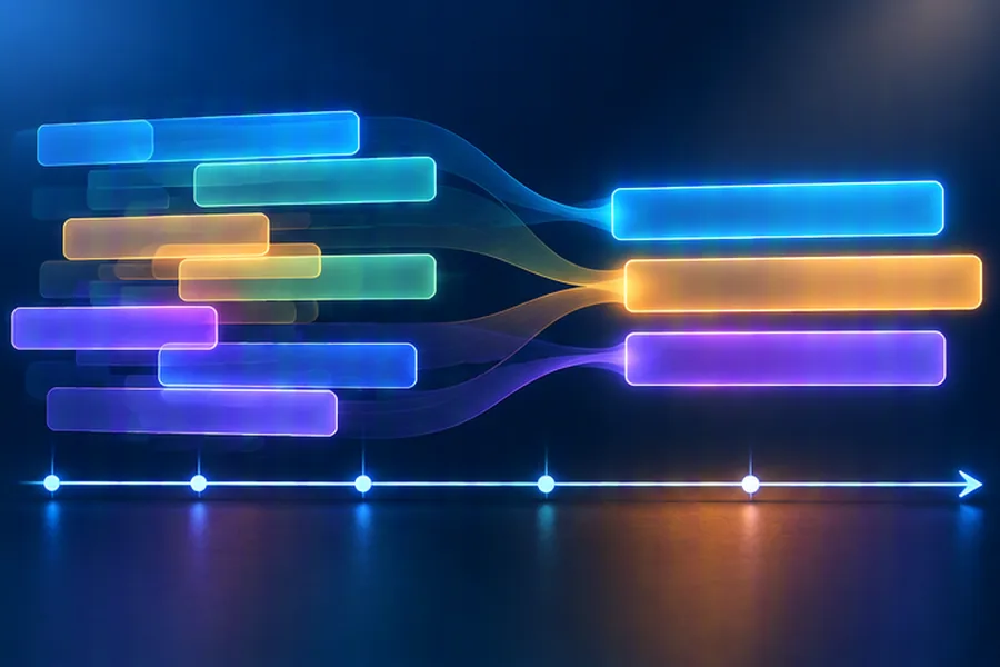 Illustration of overlapping colored bars on a timeline merging into longer combined bars
