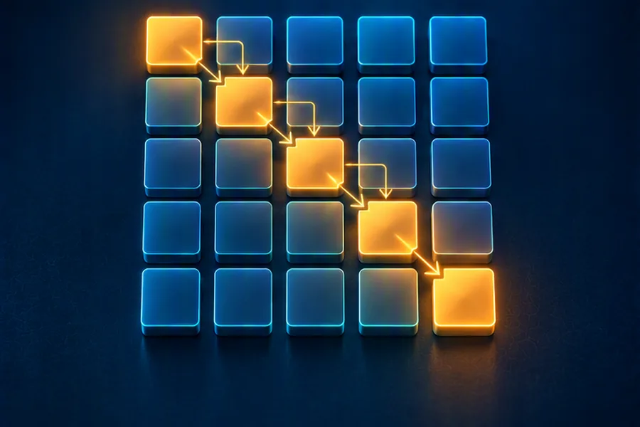 A DP table grid with a highlighted path of arrows from the top-left to the bottom-right cell