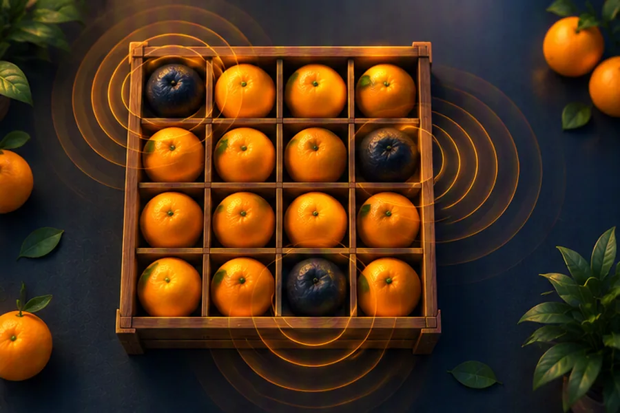 Grid of oranges with rings of rot spreading outward from several rotten ones