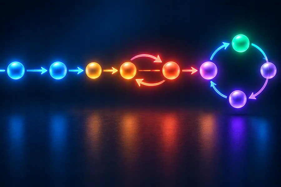 Glowing chain of linked nodes with reversed arrows and a cycle with two racing orbs
