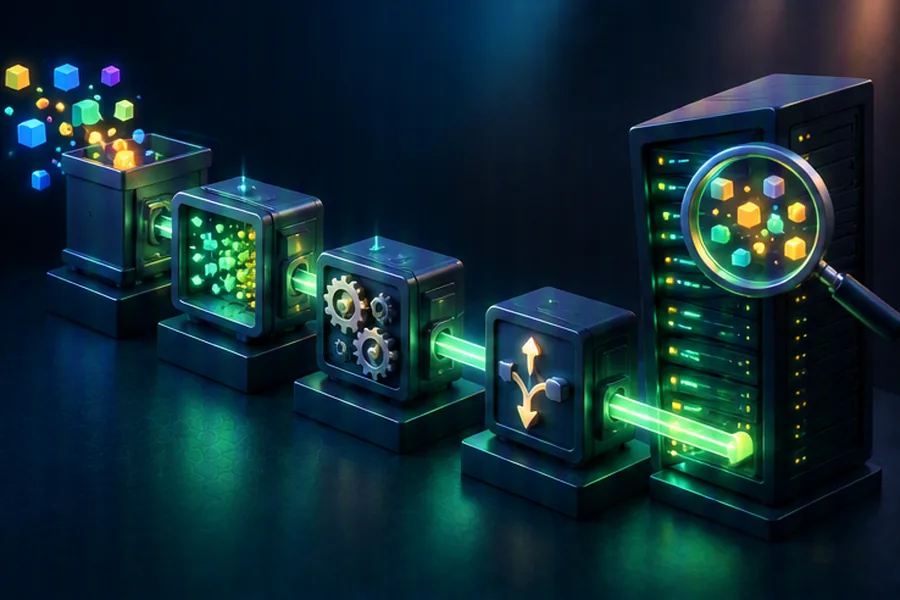 Illustration of glowing pipelines filtering streams of data between machines, with a magnifying glass over a server