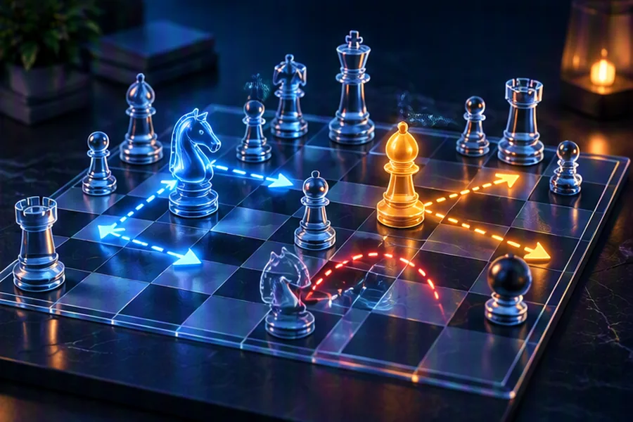 Glass chessboard with glowing pieces and arrows showing legal moves and an undone move