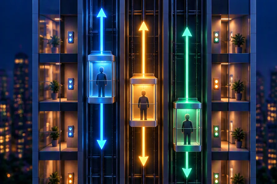 Cutaway building with three elevator cars moving in shafts and glowing arrows showing their scheduling paths