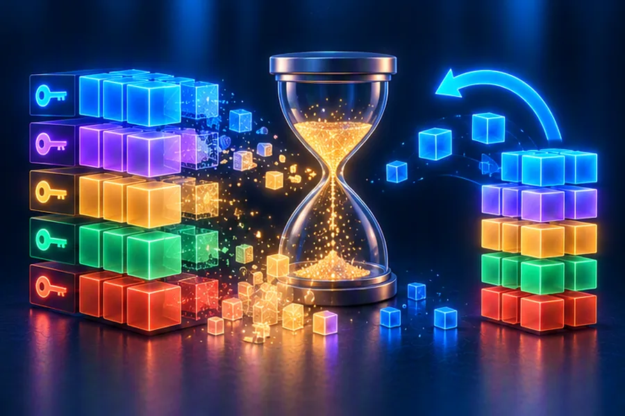 Layered grid of glowing key-value cubes with an hourglass expiring some and a rewind arrow restoring others