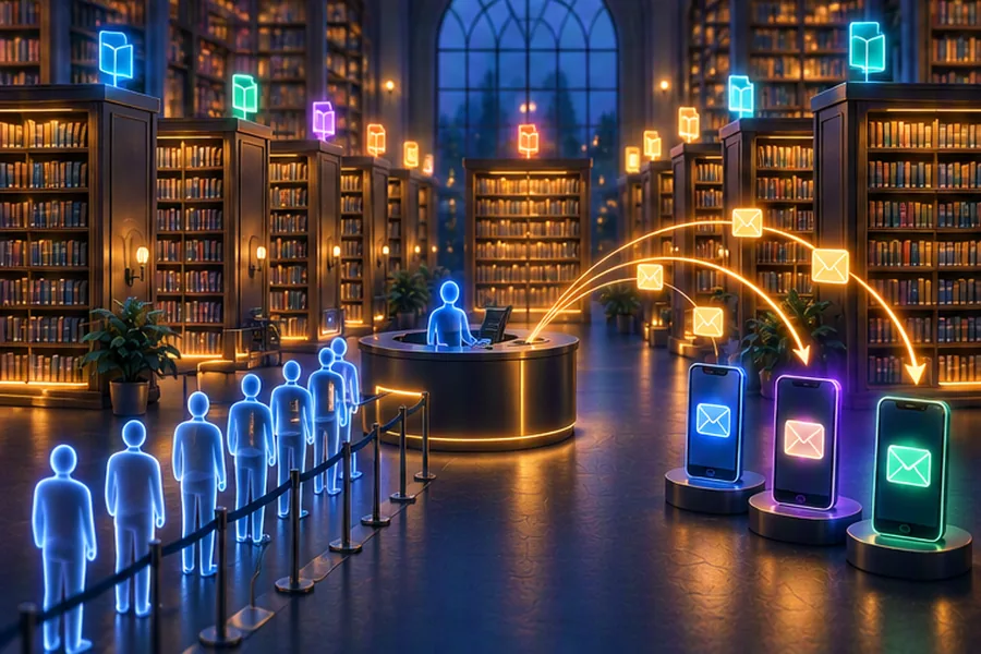 Modern library with glowing barcodes on books, a queue of figures at the desk and notification envelopes flying out