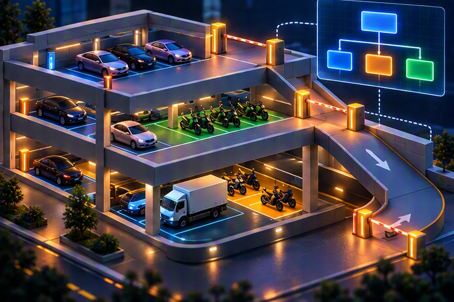 Isometric multi-level parking garage with vehicles in color-coded spots and a connected grid of boxes representing a class design