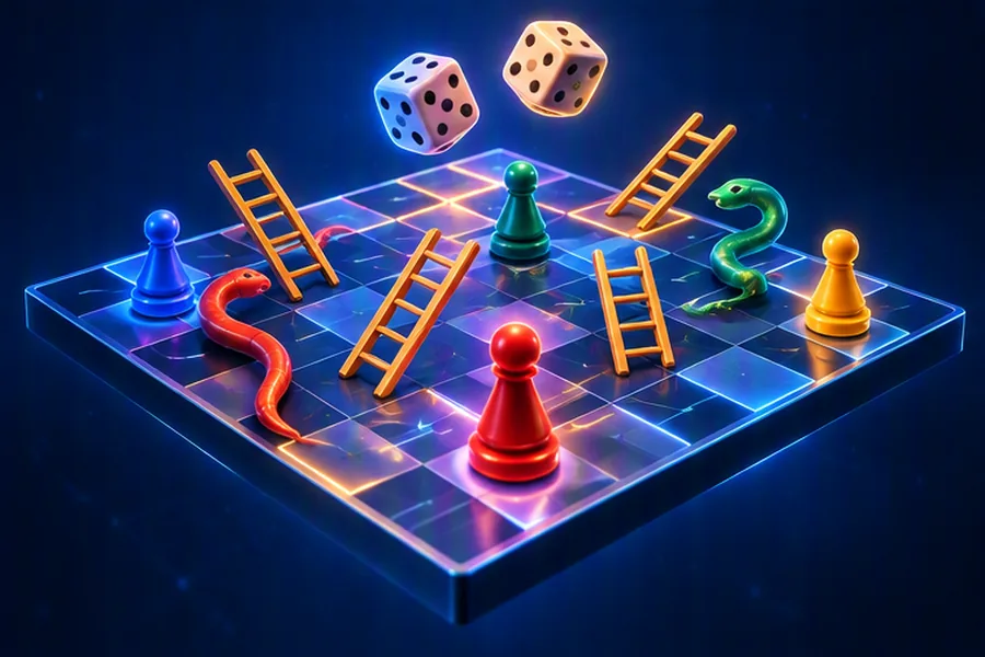 Three-dimensional snake and ladder board with pawns, rolling dice and grid lines