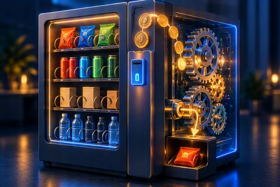 Futuristic vending machine with coins flowing in and gears forming a state diagram behind a transparent panel