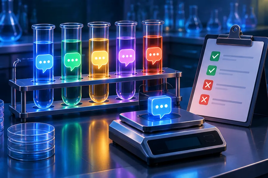 Illustration of chat bubbles in test tubes being measured on a lab bench, representing LLM evaluation
