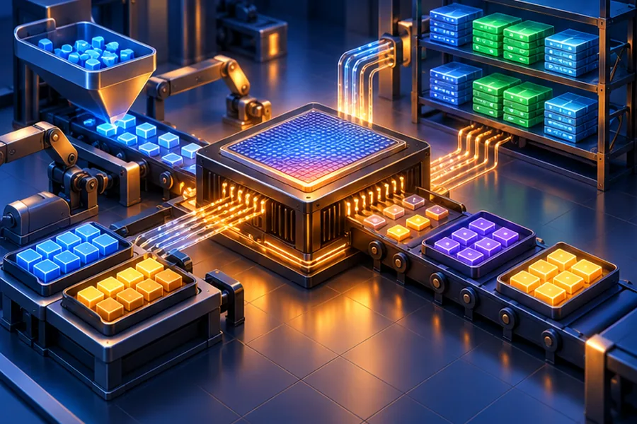 Illustration of a GPU processing batched tokens with a paged memory cache, representing LLM inference optimization