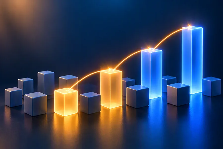 Glowing blocks of increasing height selected from a scattered row, illustrating the longest increasing subsequence