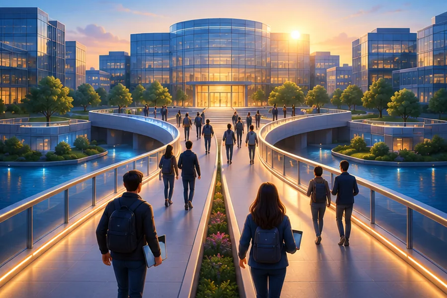 Illustration of two bridges merging into one walkway towards a modern tech campus