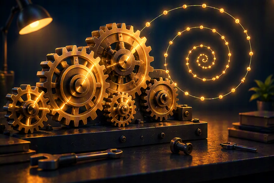 Brass gears and a glowing grid of dots, representing number theory and modular arithmetic for coding interviews