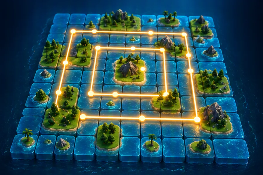 A 2D grid with a spiral traversal path and island clusters
