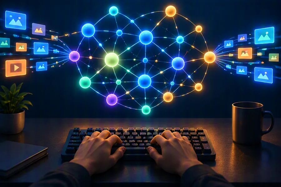 Illustration of a complex graph algorithm visualised above a programmer's desk with streams of ad tiles