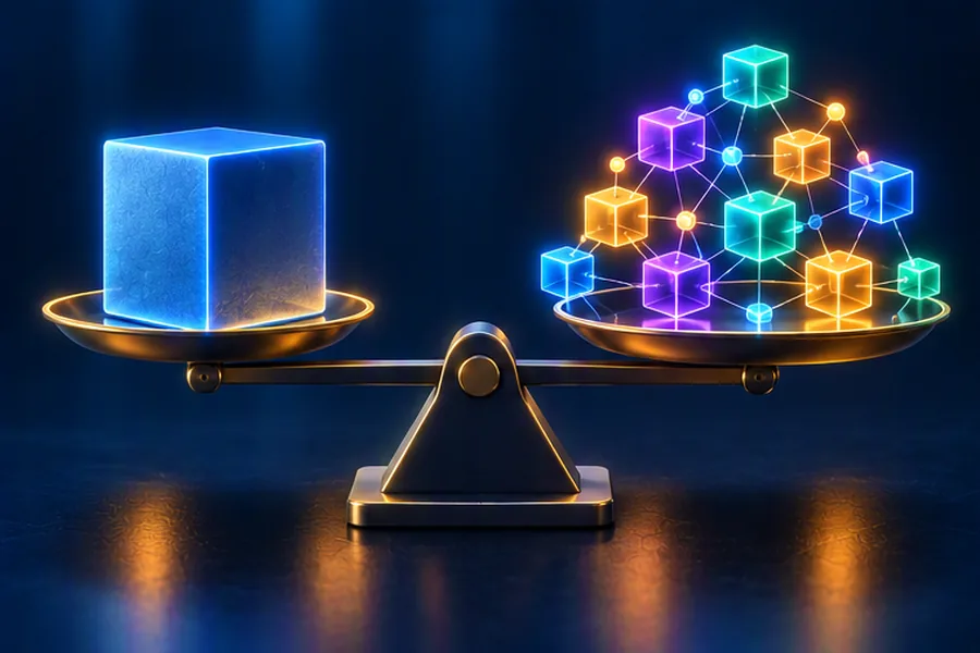 Illustration comparing one large monolith block with many small connected microservice cubes on a balance