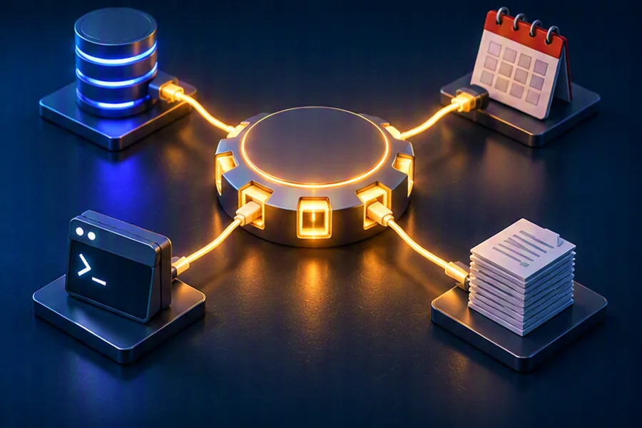 Illustration of a central AI hub connecting through identical standard plugs to databases, documents and developer tools