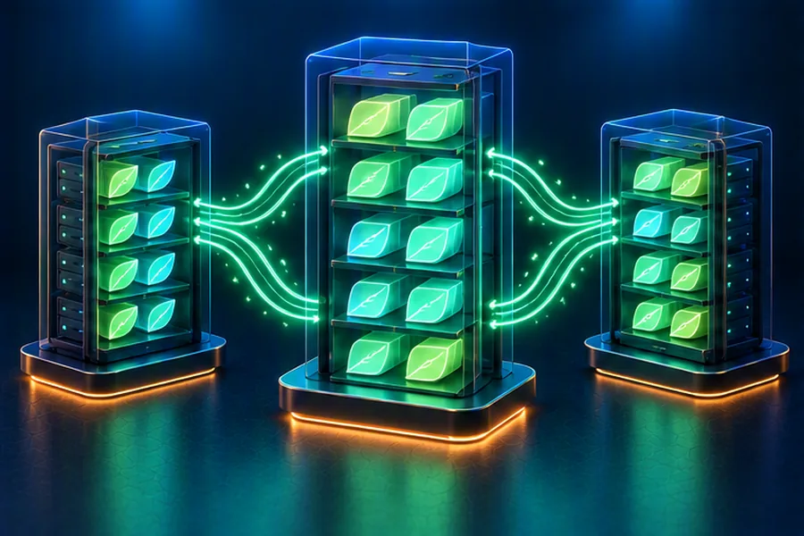 Glowing documents organized in mirrored server cabinets representing MongoDB replication and sharding