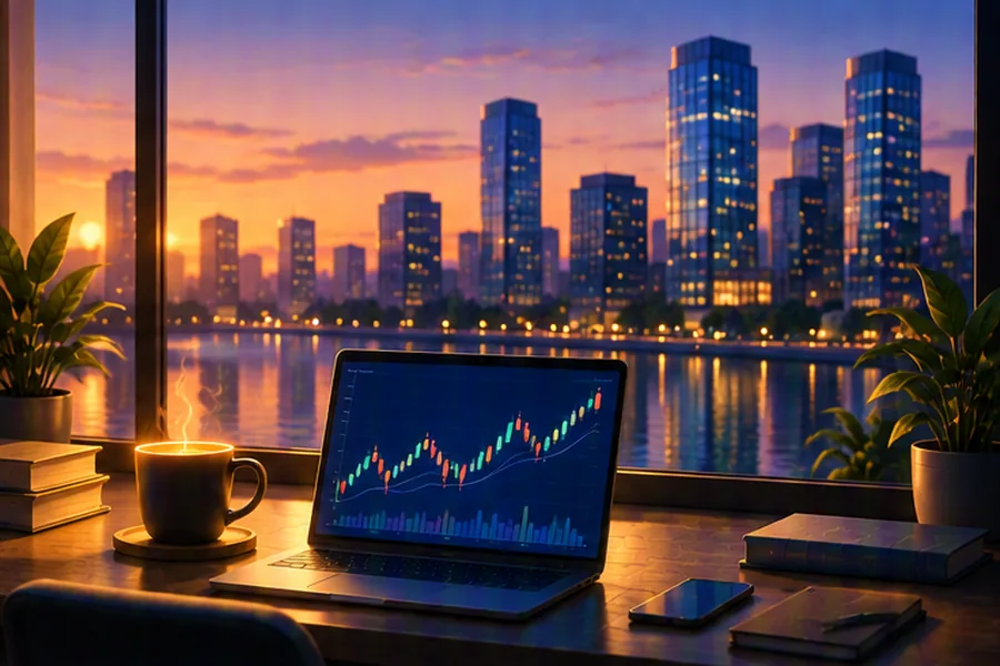 Illustration of a laptop with code and market charts in front of a financial district skyline
