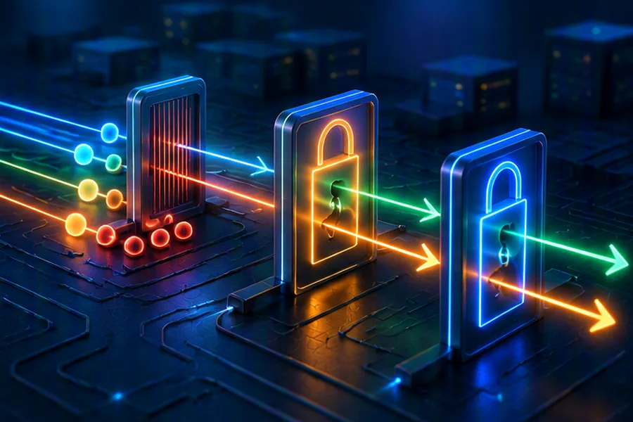 Threads of light passing through locks and gates representing Java multithreading and synchronization