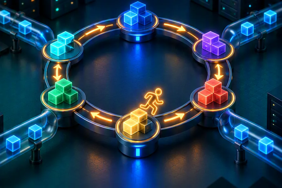 Illustration of a circular event loop track with work packets queued at phases and data streams flowing through pipes
