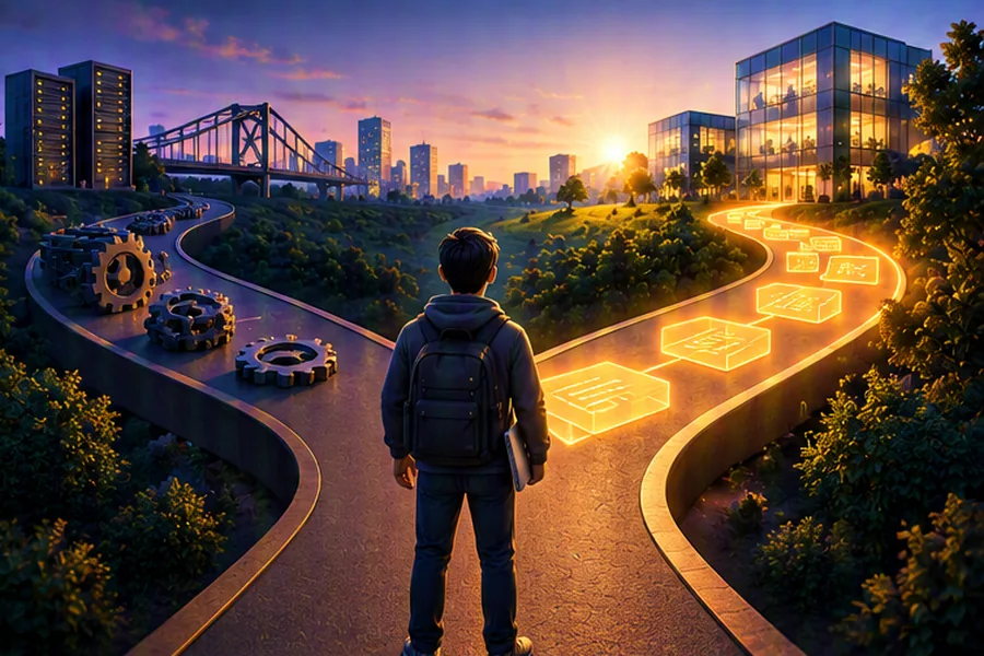Engineering student walking from mechanical and electrical paths onto a road of code