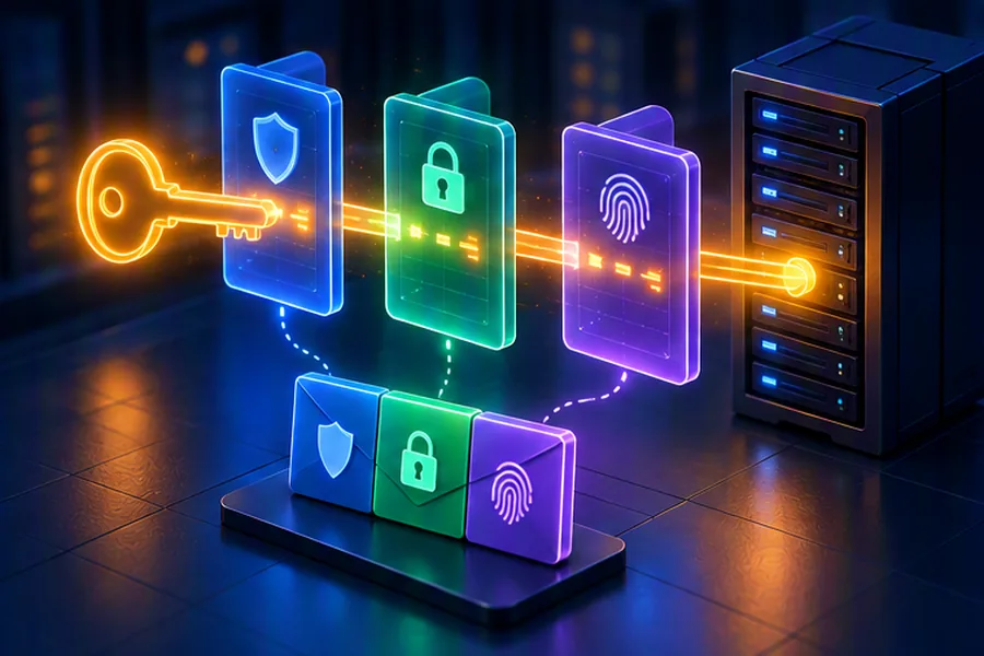 Illustration of a key passing through layered security gates toward a server, with a three-part sealed token beside it