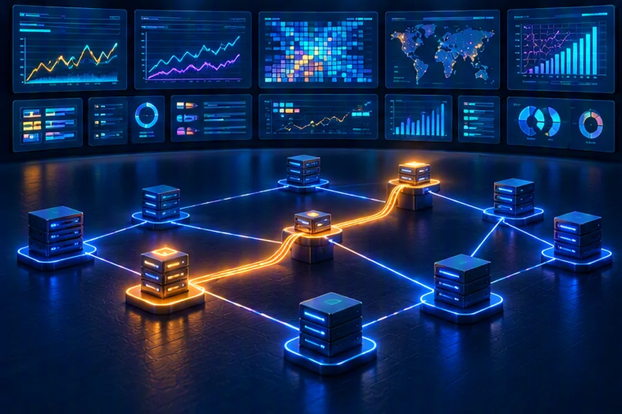 Dashboards with graphs and a glowing thread tracing a request through connected service nodes