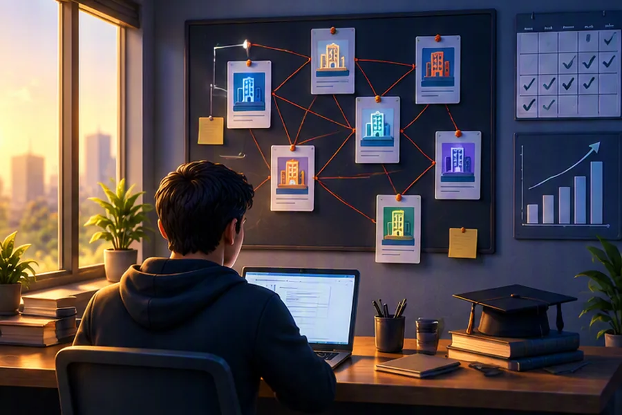 Fresh graduate organising an off-campus job search on a wall board of pinned job cards and a calendar