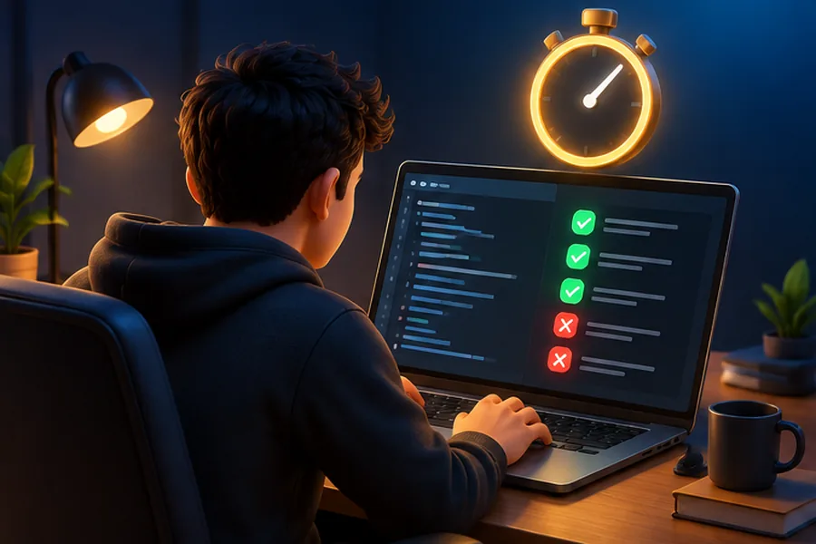 Developer taking a timed online coding test with test-case results and a stopwatch