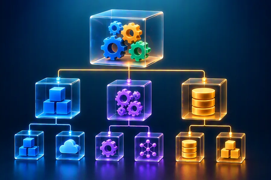 Nested glass cubes containing gears, symbolising objects, classes and inheritance