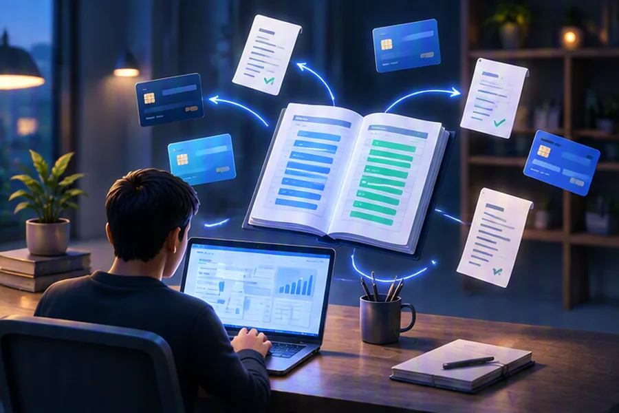 Illustration of a software engineer preparing for a payments company interview with cards and a ledger floating around
