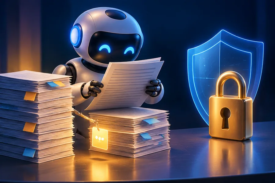 Illustration of an AI assistant reading documents that contain a hidden malicious instruction, with security shields nearby