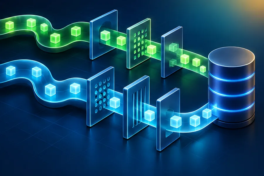 Two Python-inspired request pipelines flowing through middleware layers into a database