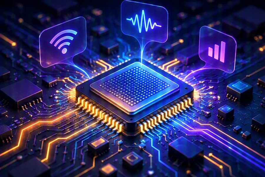 Illustration of a mobile chip on a circuit board with signal waves representing embedded software engineering