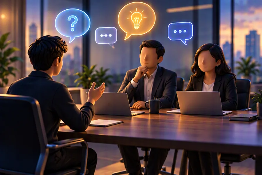 A candidate asking questions at the end of an interview with abstract question-mark speech bubbles
