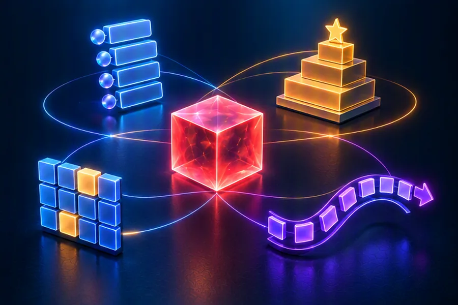 Illustration of an in-memory data store surrounded by different data structure shapes