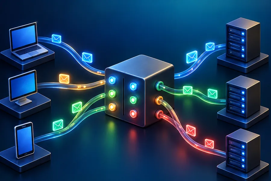 Illustration of request envelopes routed through a glowing switchboard between client devices and servers with status lights