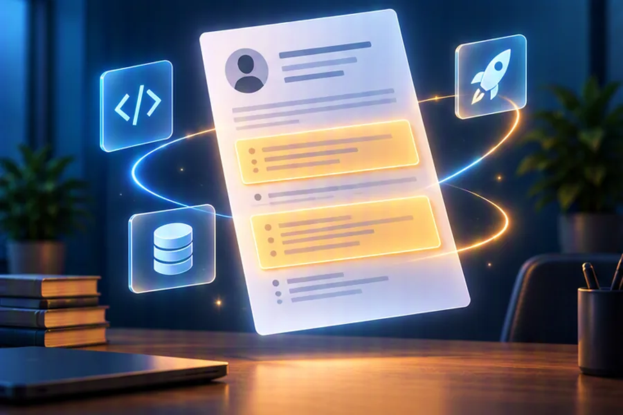 A clean one-page resume with highlighted project sections surrounded by small software icons