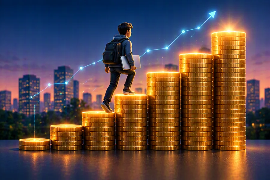 A software engineer climbing a staircase of rupee coins, representing a salary hike after a job switch