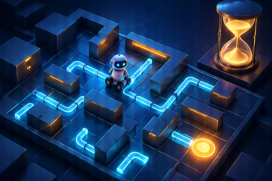 Illustration of a grid of connected pipes with a robot finding a path and an hourglass representing a timed coding test