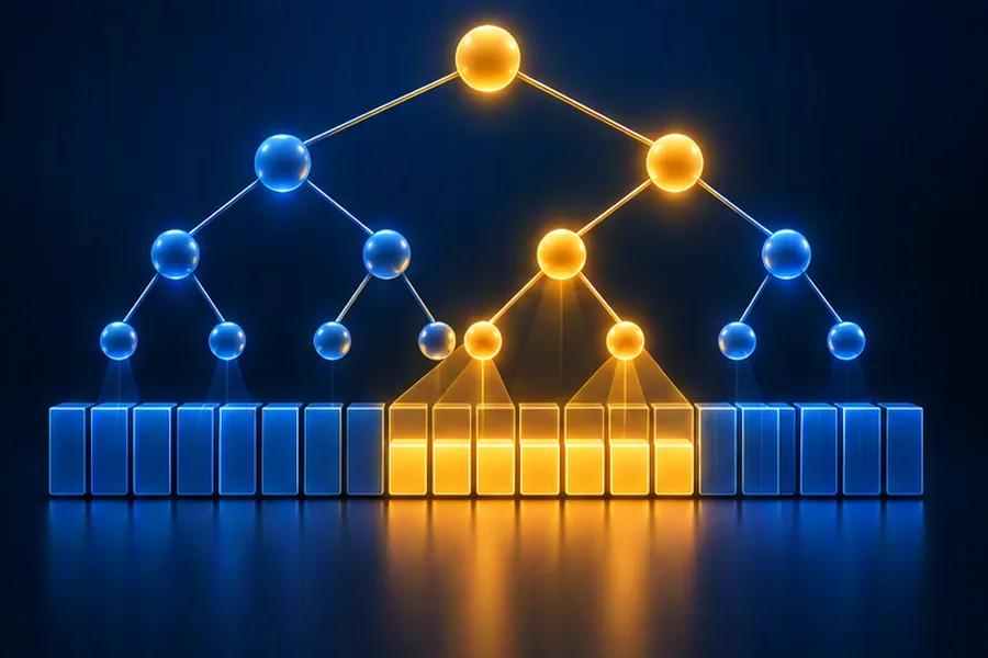 Illustration of a segment tree over an array, with a highlighted range covered by a few tree nodes