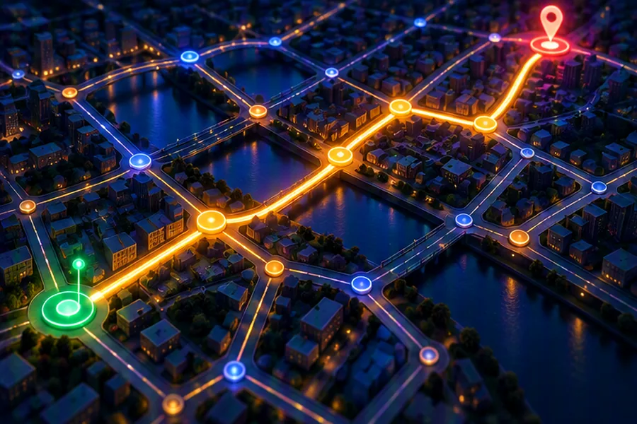 Illustration of a road network with the shortest route highlighted between two points