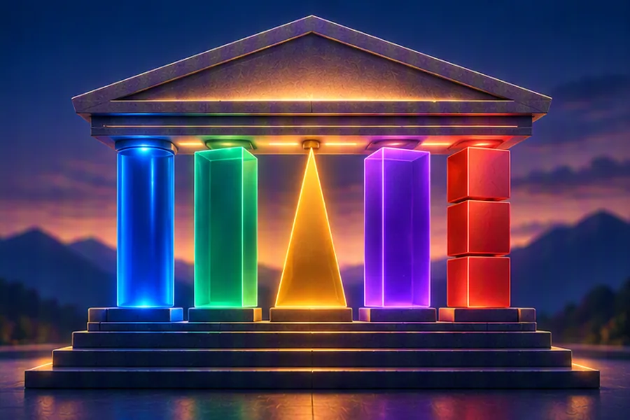 Five distinct glowing geometric blocks stacked into a pillar supporting a small building