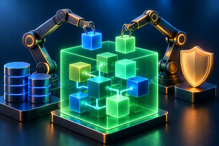 Illustration of a container automatically wiring together building blocks, a database and a security shield