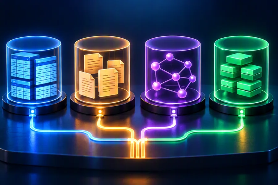 Four stylized database cylinders representing relational, document and wide-column databases connected by light paths