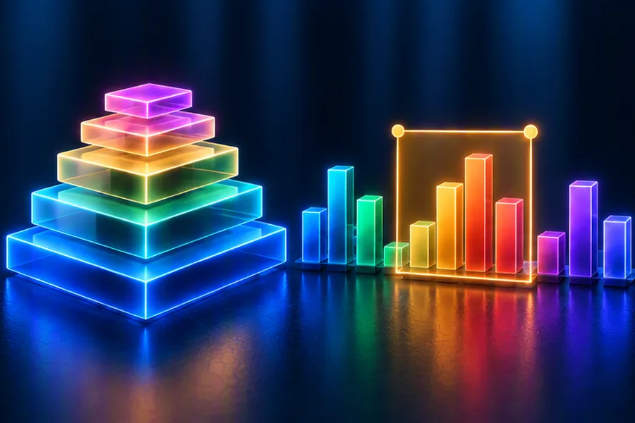Stack of glowing plates beside histogram bars with a highlighted largest rectangle