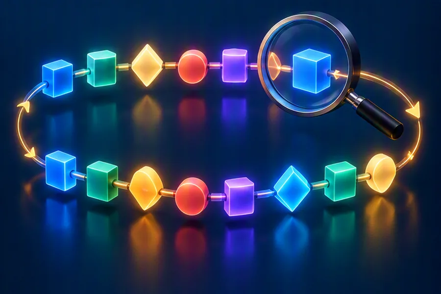 Abstract string of glowing tiles with a magnifying lens scanning for a pattern
