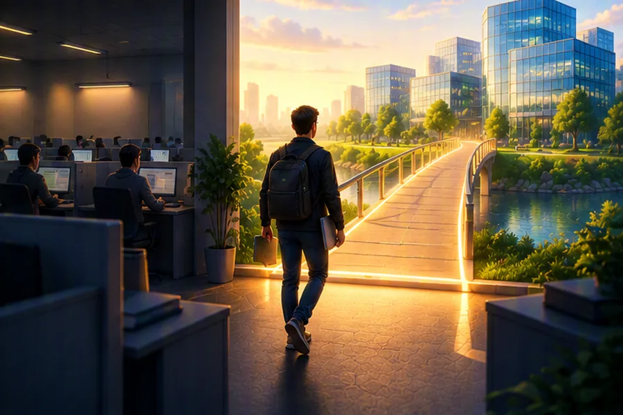 An engineer crossing a bridge from a cramped cubicle to a modern tech campus, symbolising an early-career job switch