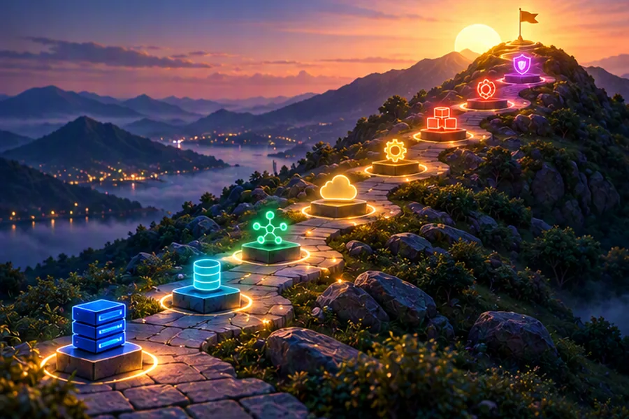 A path with eight glowing milestones climbing a hill toward a sunrise, representing a step-by-step system design learning roadmap